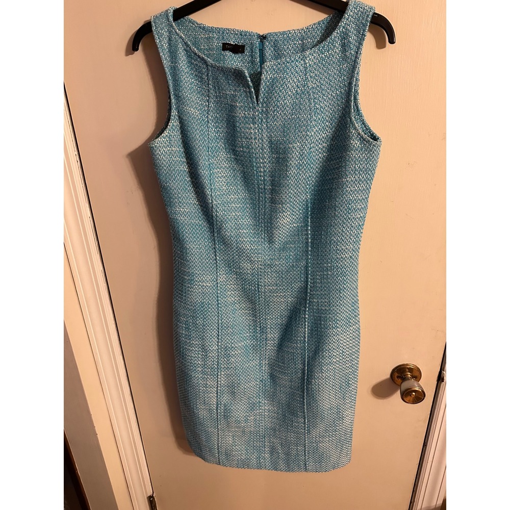 Talbots Turquoise Aqua Tweed Sheath Dress Women Sz 8 Sleeveless V-Neck Business